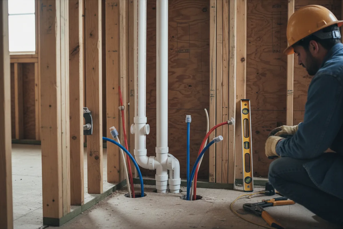 Drain and supply rough-in during Sump Pump Repair in Franklin Square