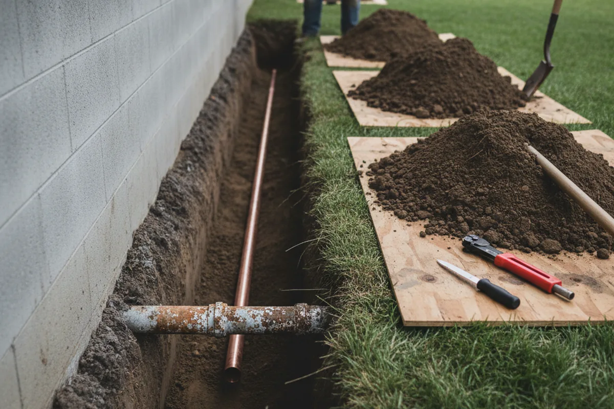 Excavated water line trench during Sewer Line Repair in Franklin Square